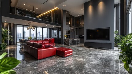 A striking double-height living room with an open kitchen, dark gray walls, and luxurious red leather furniture