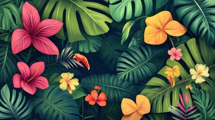 Fototapeta premium Vibrant Tropical Paradise: A Lush Tapestry of Hibiscus, Monstera, and Exotic Blooms
