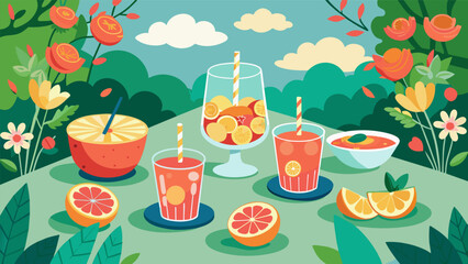 An outdoor garden party with vintage floral plates and tumblers filled with refreshing fruit punch.. Vector illustration
