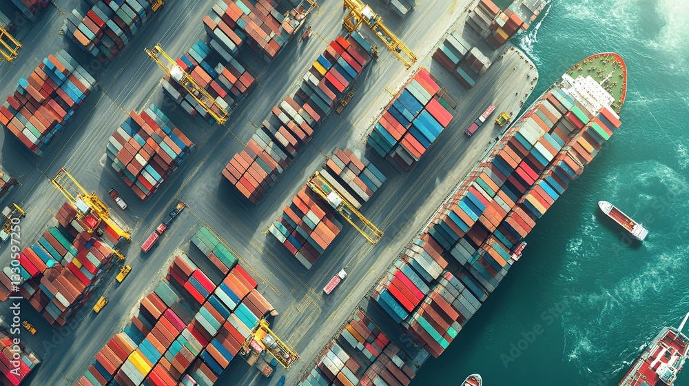 Poster aerial view of global shipping containers in busy port environment