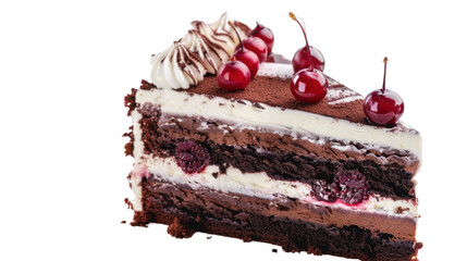 Delicious black forest cake slice with cherries and whipped cream on transparent background