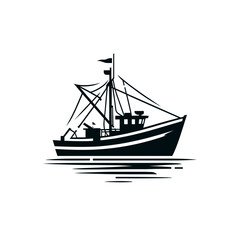 Fishing boat silhouette, black and white, calm water reflection, nautical theme, copy space
