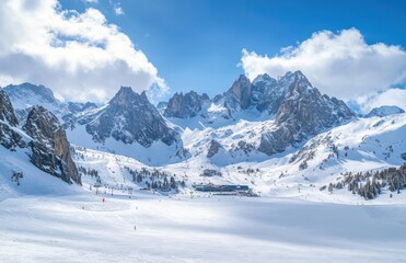 Breathtaking Winter Landscape of Snow-Covered Mountains and Ski Resort Under Clear Blue Skies with Patches of Clouds in the Italian Alps