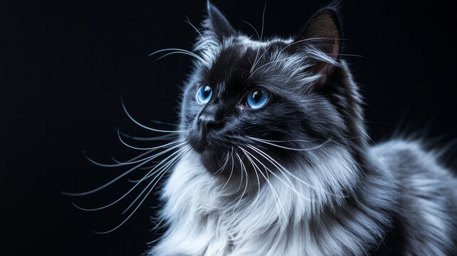 Close-up of fluffy cat with blue eyes against black background, showcasing soft fur texture and elegant feline features, ideal for pet-related content