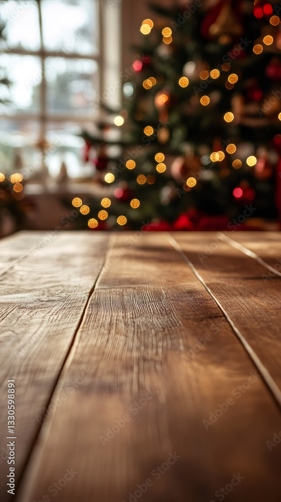 Aufkleber wooden surface featuring blurred christmas tree, bokeh lighting creating festive background for prod