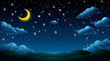 Cartoon night sky with moon, stars, clouds, and hills; backdrop for dreams