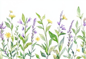 Fototapeta premium Wild field herbs flowers. Watercolor seamless border - illustration with green leaves, purple yellow buds and branches. Wedding stationery, wallpapers, fashion, backgrounds, textures. Wildflowers