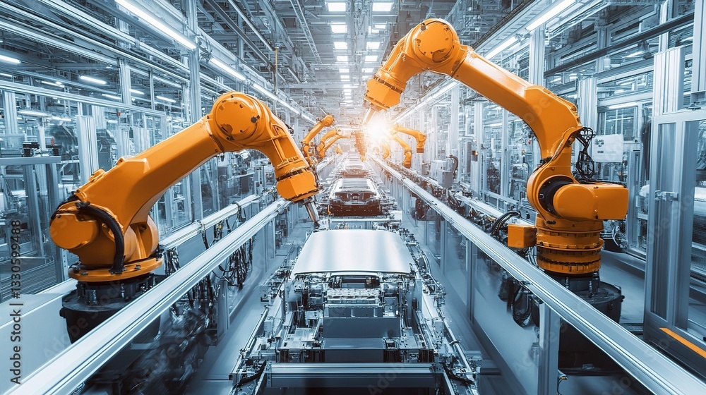 Poster fully automated robotic assembly line in high-standard factory