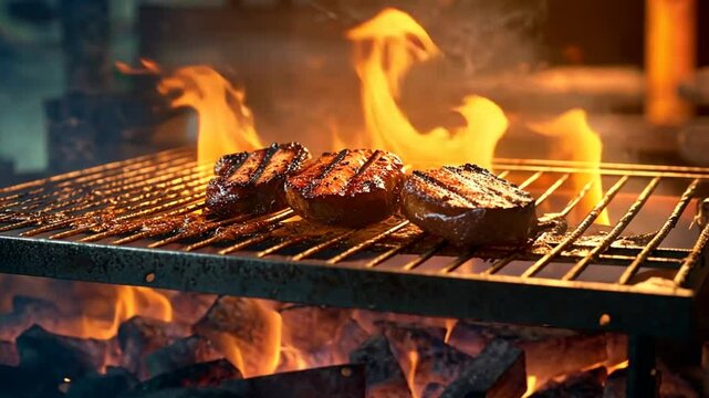 Steaks auf einem hei&szlig;en Grill mit lodernden Flammen