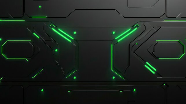 Futuristic green neon lights on dark panels creating a sleek minimalist abstract background