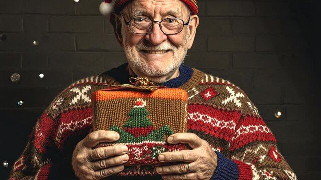 &Auml;lterer Mann mit einem Weihnachtsgeschenk in den H&auml;nden