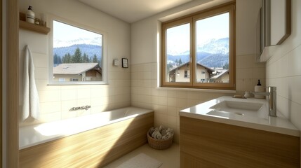 Modern, mountain-view bathroom with wooden accents
