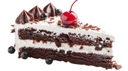 Delicious slice of black forest cake with chocolate shavings, whipped cream, and cherry on transparent background