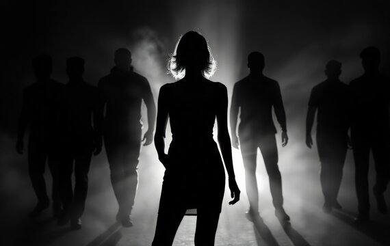 Silhouette of Confident Woman with Shadowy Figures in Background - Dramatic Lighting