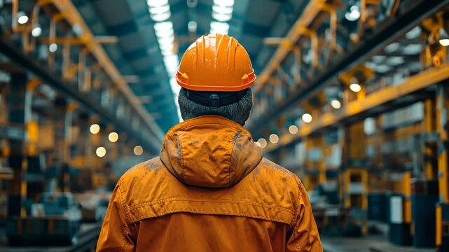Industriearbeiter mit Schutzkleidung in einer gro&szlig;en Lagerhalle