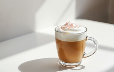 Delicious Coffee Latte with Whipped Cream and Sprinkles in Bright Setting