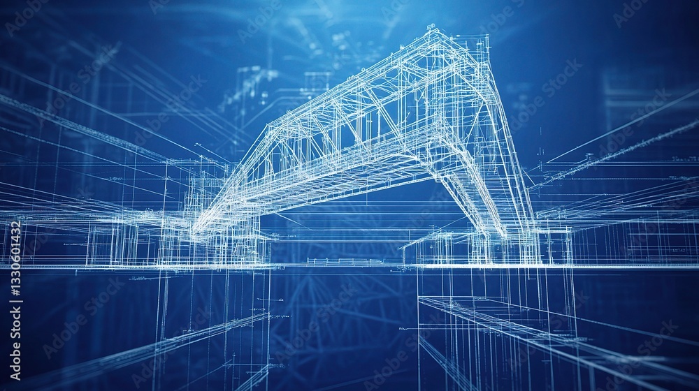 Poster 3d blueprint render of bridge structure with gigapixel detail