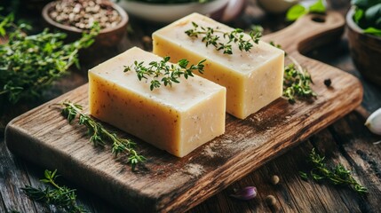 Two bars of organic soap resting on a rustic wooden cutting board, adorned with fresh thyme and natural ingredients