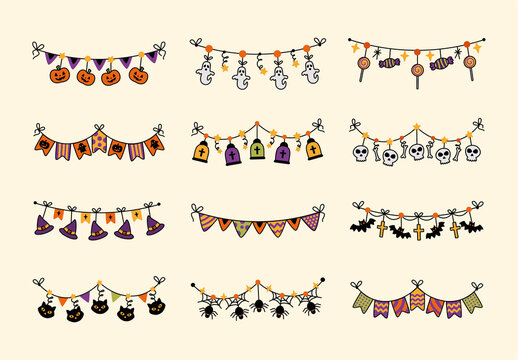 Black Halloween Garlands Icons Set