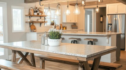 Rustic farmhouse dining table with an elegant bench in front of a bright, modern kitchen featuring a granite countertop