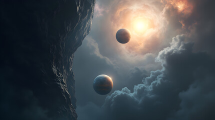 Celestial Dramatic Sci-Fi Landscape Two Planets Cloudy Sky Cliff Art