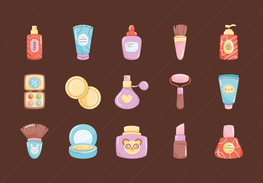 Colorful Beauty Cosmetics Illustration Icons Set