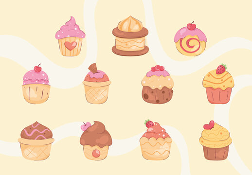 Colorful Sweet Cupcakes Pastry Illustration Set
