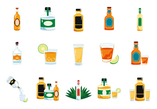 Colorful Mexico Mezcal Bottle Illustration Set