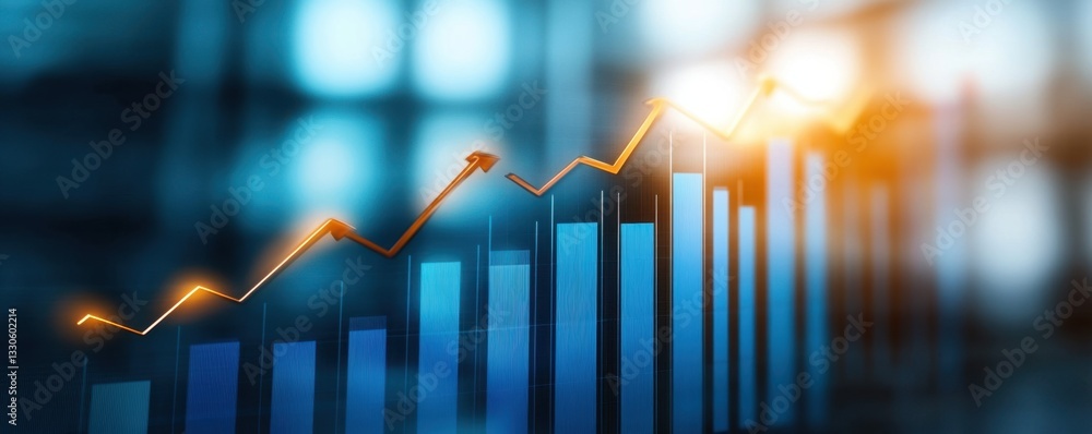 Poster the background is blurred, and the foreground features an abstract financial chart with upward arrow