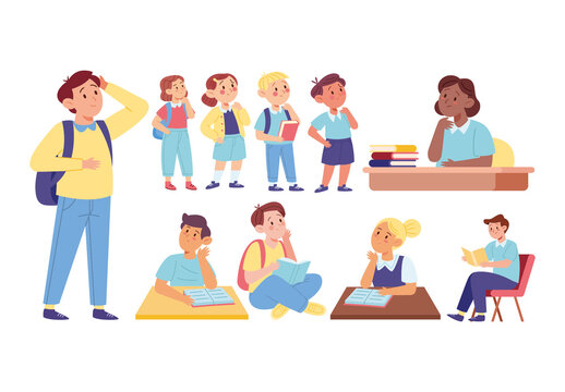 Colorful Thinking Student Studying Illustration Set