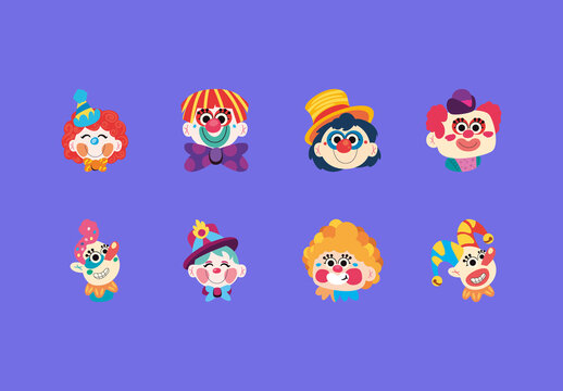 Colorful Cartoon Happy Clown Face Illustration Set