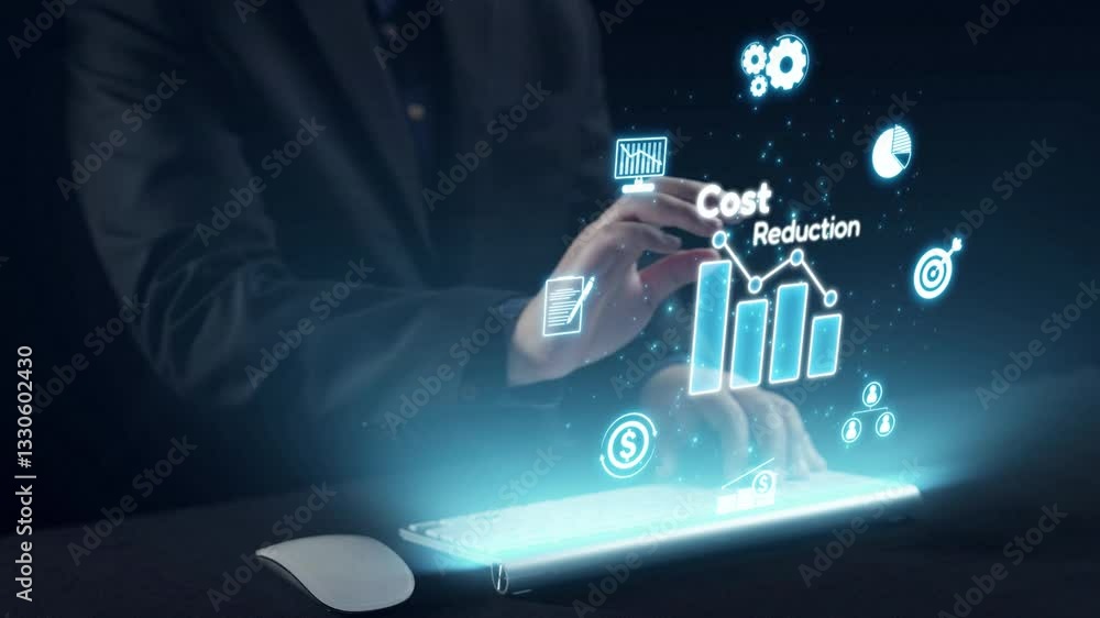 Poster a modern businessman interacts with a futuristic holographic interface, launching innovative ideas r