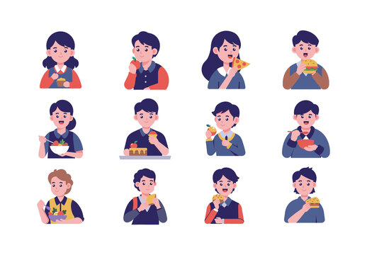 Student Eating Flat Character Illustration Set
