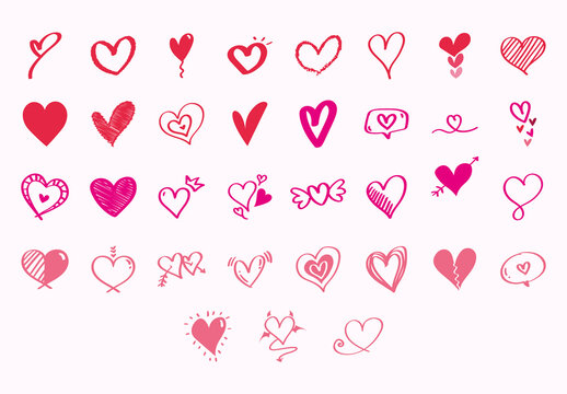 Red and Pink Scribbled Heart Icons Set
