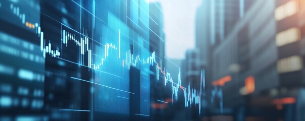 The background is blurred, featuring stock market graphs and financial charts in shades of blue with an office building silhouette in the distance Generative AI