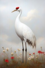 Elegant white crane standing among colorful wildflowers in a serene landscape at dawn