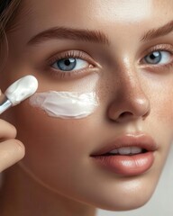 Professional Skincare Ritual Captured in a Stunning Closeup Portrait of a Young Woman Gently Applying Nourishing Facial Cream for Radiant Healthy Skin