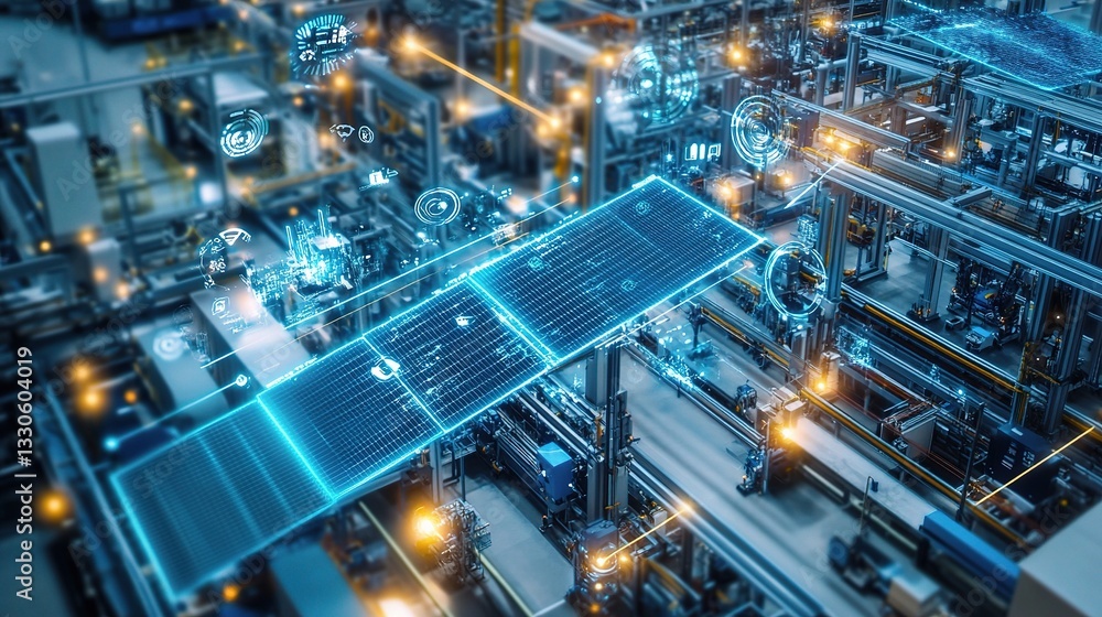 Poster rooftop solar panel array over modern factory infrastructure