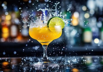 Yellow margarita cocktail splash at a bar, National Margarita Day celebration, nightlife party scene, refreshing citrus drink with lime garnish, creative beverage photography, bartender mixology conce
