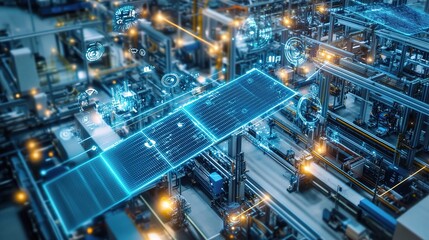 Fototapeta premium Rooftop Solar Panel Array Over Modern Factory Infrastructure