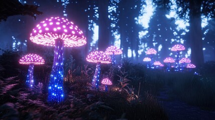 Fototapeta premium Enchanted Glowing Forest: A Mystical Night in a Fantasy Mushroom Grove