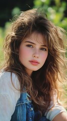Naklejka premium 1980s and 1990s style Yearbook headshot of a pretty high school teenage girl looking at the camera