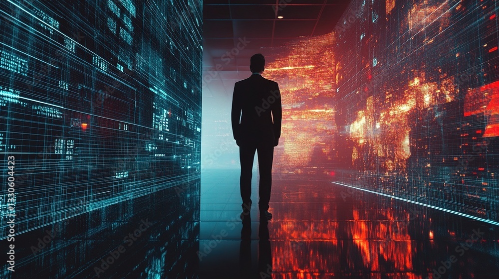 Poster corporate leader in front of digital data visualization background