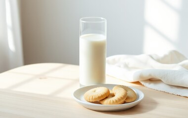 Refreshing Milk with Cookies on a Light Kitchen Table in Natural Light