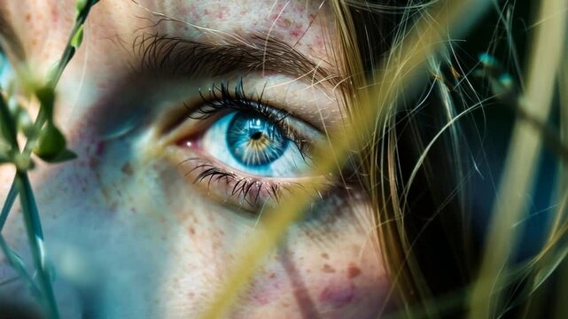Blaues reflektierendes Auge mit nat&uuml;rlichen Elementen im Blick