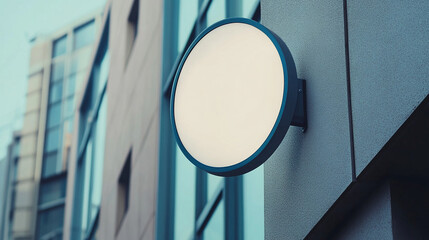 Blank Round Sign Board Attached on Wall of Building Perfect for Branding, Advertising, and Storefront Logo Display.

