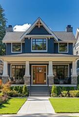 Fototapeta premium Charming modern house facade with stylish architecture, large windows, front porch, and manicured lawn surrounded by greenery under a clear blue sky
