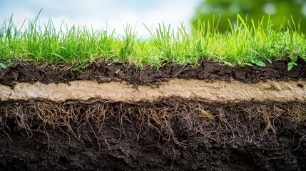 Cross section of soil layers showcasing grass roots and varying soil types to illustrate ecological diversity and earth structure