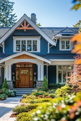 Charming modern residential home exterior with landscaped garden featuring fresh greenery, inviting front porch, and beautiful architectural details