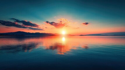 Serene Sunset over Calm Lake and Mountains